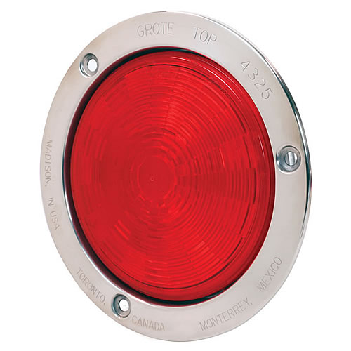 Grote Stop Tail Turn Lamp, Red, 4" Round, Male Pin, with Stainless Steel Mounting Flange, LED, 3 Diode 54492